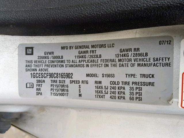 1GCESCF90C8165902 - 2012 CHEVROLET COLORADO L SILVER photo 10