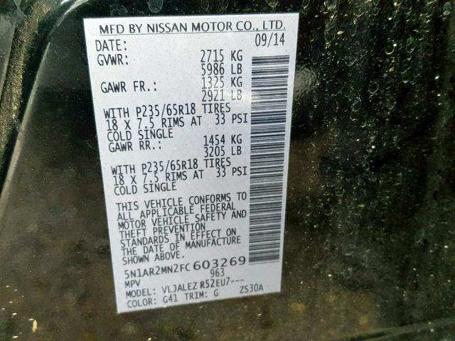 5N1AR2MN2FC603269 - 2015 NISSAN PATHFINDER BLACK photo 10