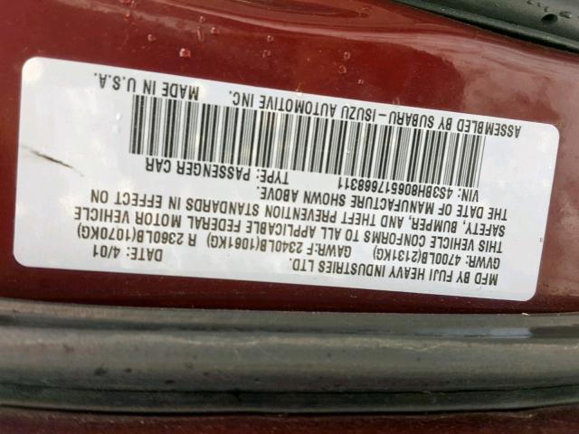 4S3BH806517668311 - 2001 SUBARU LEGACY OUT MAROON photo 10