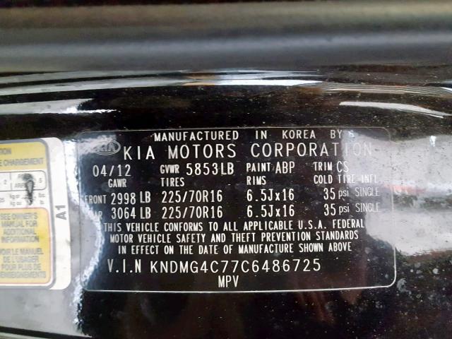 KNDMG4C77C6486725 - 2012 KIA SEDONA LX BLACK photo 10