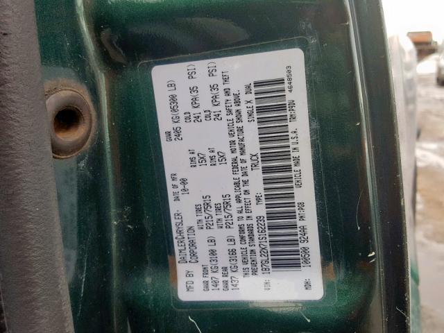 1B7GL22X71S162239 - 2001 DODGE DAKOTA GREEN photo 10