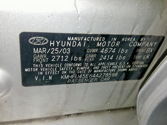 KMHFU45E64A278598 - 2004 HYUNDAI XG 350 GRAY photo 10