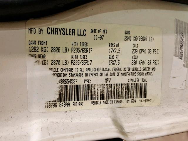 2A8GM48L48R654597 - 2008 CHRYSLER PACIFICA L WHITE photo 10