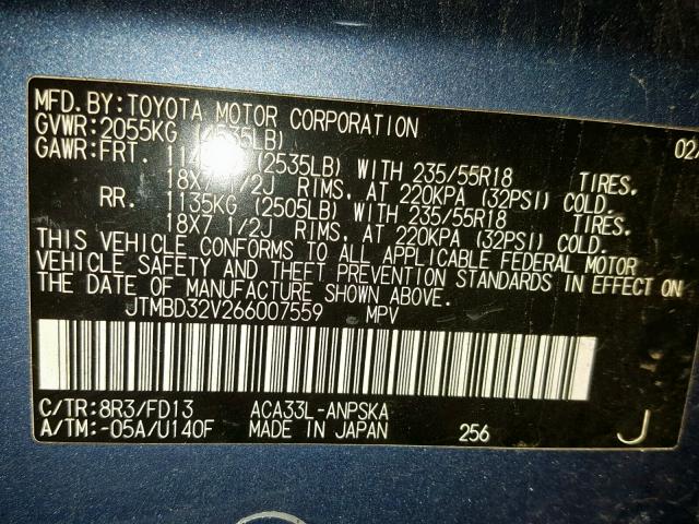 JTMBD32V266007559 - 2006 TOYOTA RAV4 SPORT BLUE photo 10