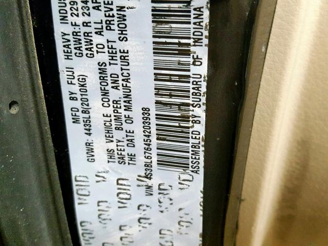 4S3BL676454203938 - 2005 SUBARU LEGACY GT BLACK photo 10