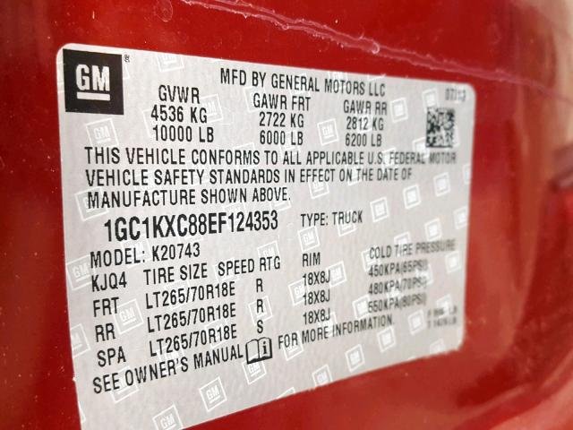 1GC1KXC88EF124353 - 2014 CHEVROLET SILVERADO RED photo 10