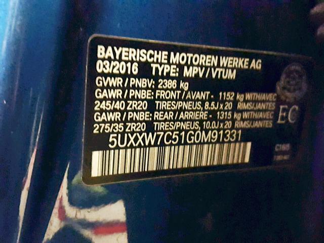 5UXXW7C51G0M91331 - 2016 BMW X4 XDRIVEM BLUE photo 10