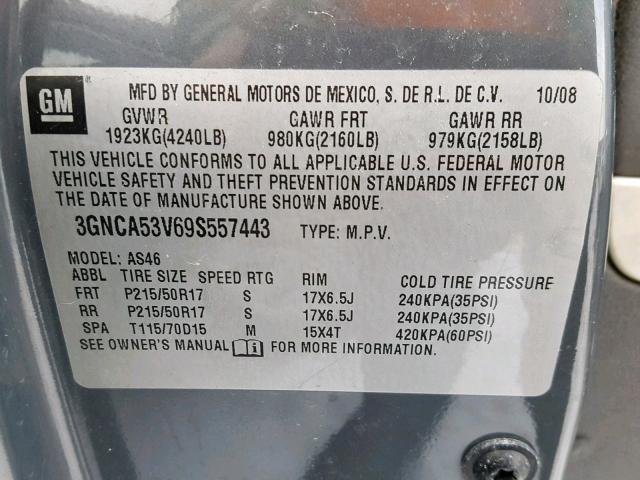 3GNCA53V69S557443 - 2009 CHEVROLET HHR LT GRAY photo 10