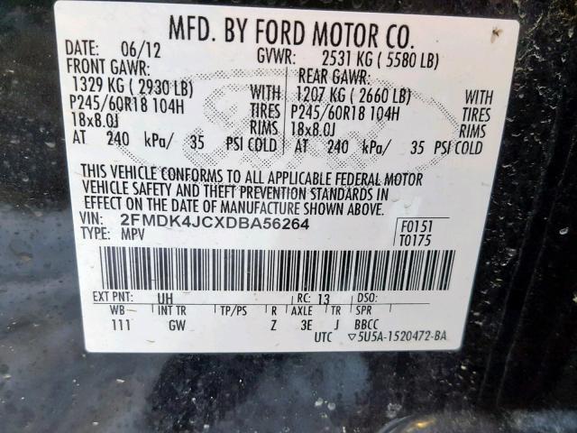 2FMDK4JCXDBA56264 - 2013 FORD EDGE SEL BLACK photo 10