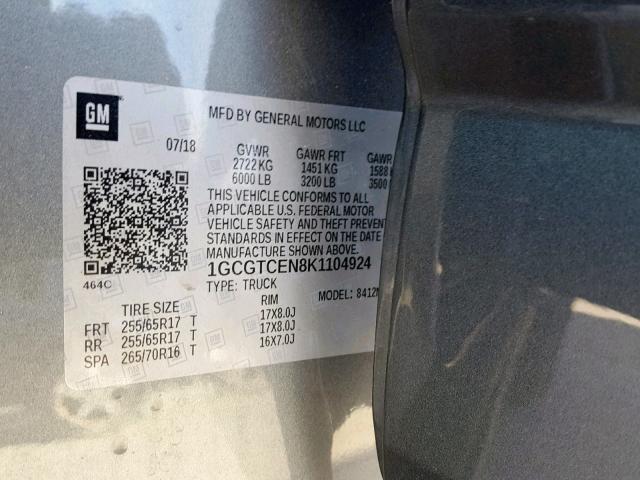 1GCGTCEN8K1104924 - 2019 CHEVROLET COLORADO L GRAY photo 10