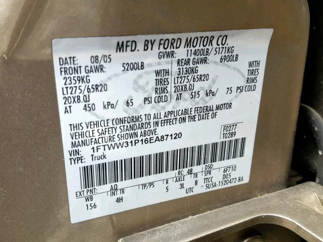 1FTWW31P16EA87120 - 2006 FORD F350 SRW S TAN photo 10