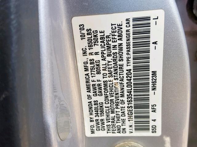 1HGES16354L004204 - 2004 HONDA CIVIC DX V SILVER photo 10