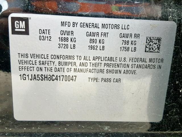 1G1JA5SH8C4170047 - 2012 CHEVROLET SONIC LS 黑色 照片 10
