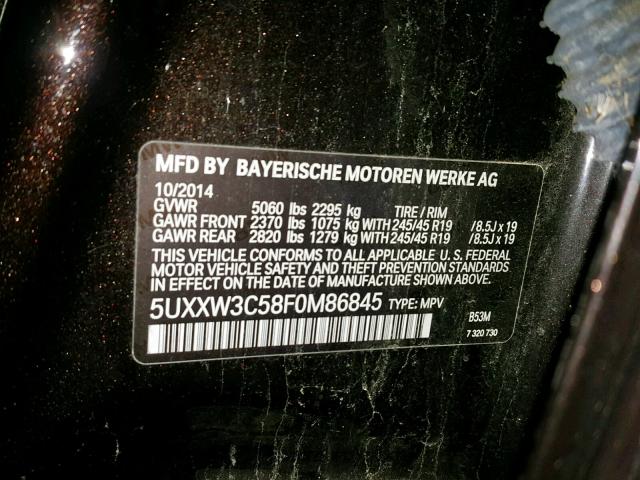 5UXXW3C58F0M86845 - 2015 BMW X4 XDRIVE2 BLACK photo 10