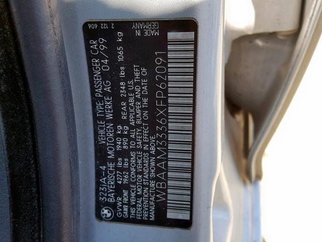 WBAAM3336XFP62091 - 1999 BMW 323I AUTOM SILVER photo 10