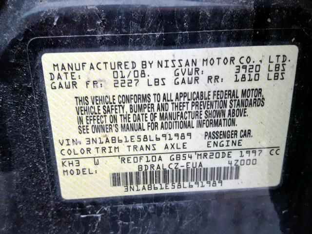 3N1AB61E58L691989 - 2008 NISSAN SENTRA 2.0 BLACK photo 10