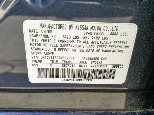 JNKCV61F09M362337 - 2009 INFINITI G37 BLUE photo 10