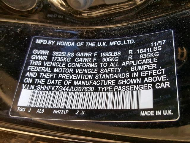 SHHFK7G44JU207630 - 2018 HONDA CIVIC SPOR BLACK photo 10