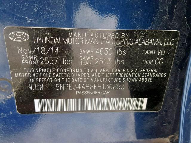 5NPE34AB8FH136893 - 2015 HYUNDAI SONATA SPO BLUE photo 10