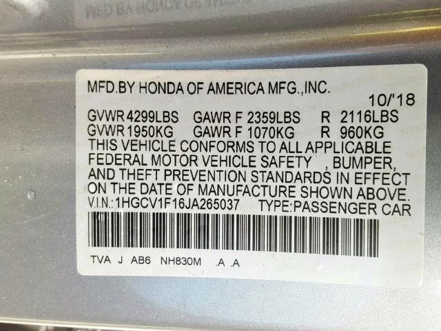 1HGCV1F16JA265037 - 2018 HONDA ACCORD LX  photo 10