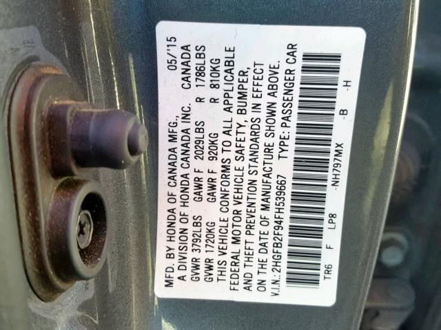 2HGFB2F94FH539667 - 2015 HONDA CIVIC EXL GRAY photo 10