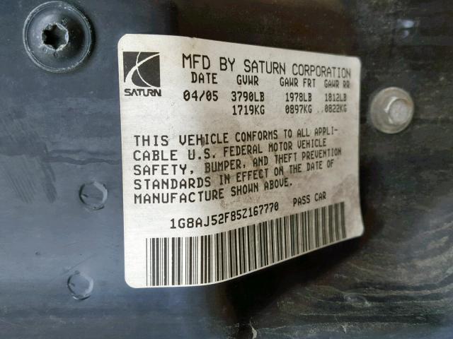 1G8AJ52F85Z167770 - 2005 SATURN ION LEVEL BLACK photo 10