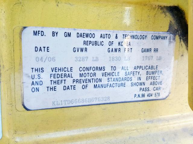 KL1TD66686B676328 - 2006 CHEVROLET AVEO BASE ყვითელი ფოტო 10