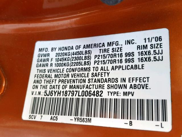 5J6YH18797L006482 - 2007 HONDA ELEMENT EX ORANGE photo 10