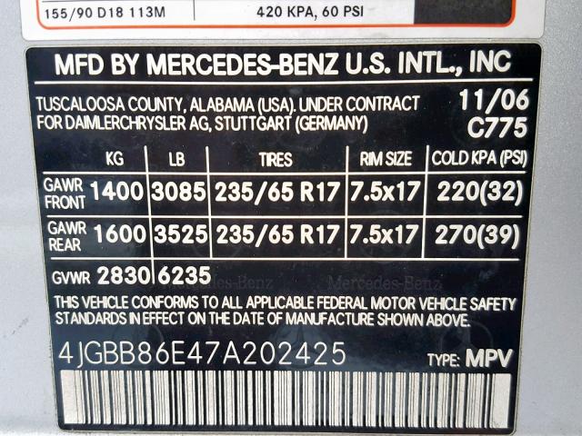 4JGBB86E47A202425 - 2007 MERCEDES-BENZ ML 350 SILVER photo 10