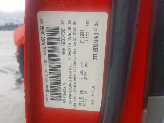 2B3KA33G28H108595 - 2008 DODGE CHARGER SX RED photo 10