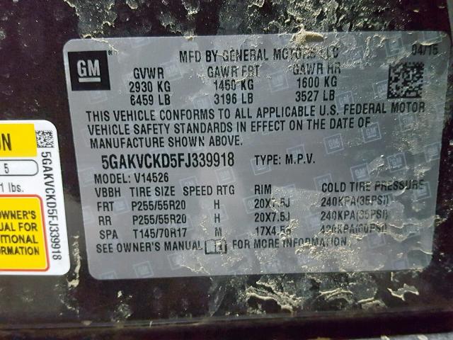 5GAKVCKD5FJ339918 - 2015 BUICK ENCLAVE PURPLE photo 10