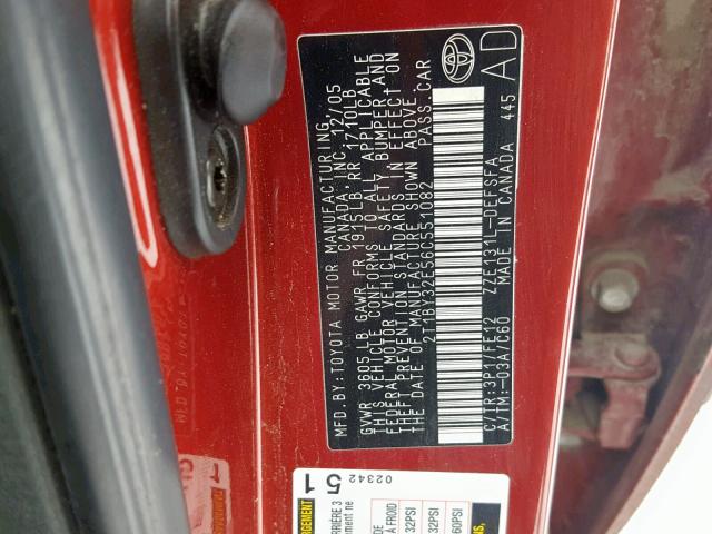 2T1BY32E56C551082 - 2006 TOYOTA COROLLA XR 栗色 照片 10