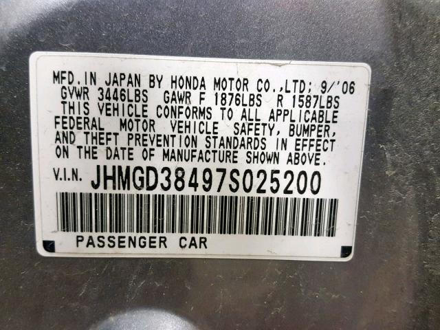 JHMGD38497S025200 - 2007 HONDA FIT GRAY photo 10