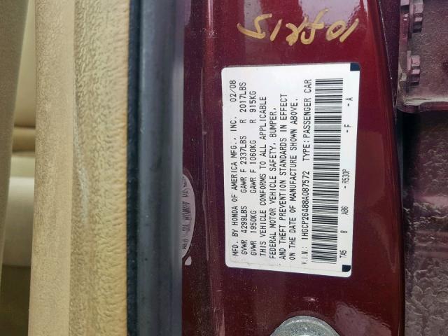 1HGCP26488A087572 - 2008 HONDA ACCORD LXP BURGUNDY photo 10