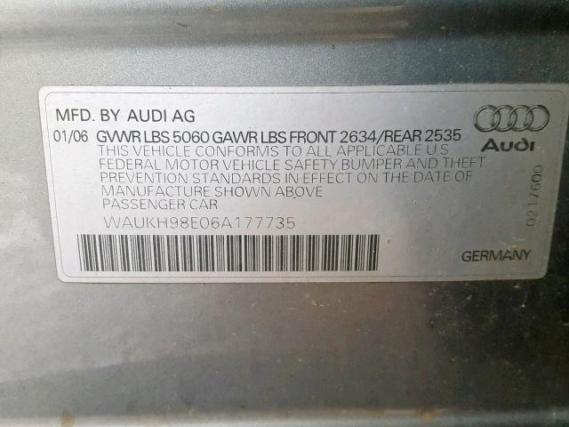 WAUKH98E06A177735 - 2006 AUDI A4 3.2 AVA SILVER photo 10