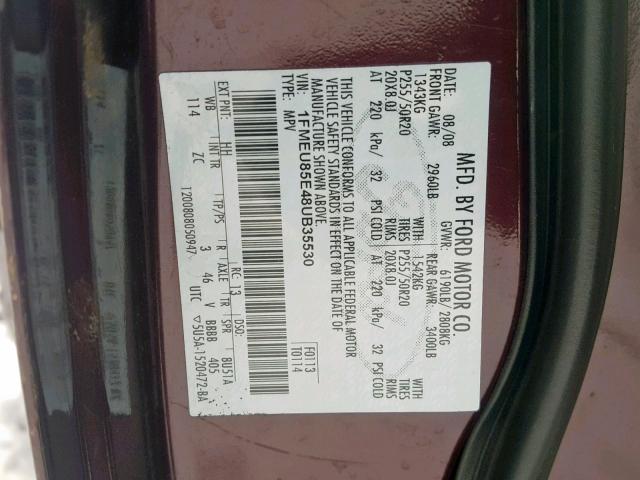 1FMEU85E48UB35530 - 2008 FORD EXPLORER L BURGUNDY photo 10