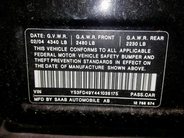 YS3FD49Y441038175 - 2004 SAAB 9-3 ARC BLACK photo 10