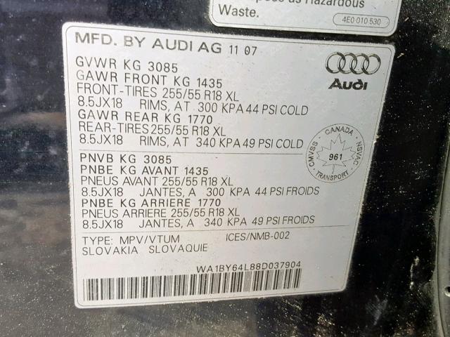 WA1BY64L88D037904 - 2008 AUDI Q7 3.6 QUA BLUE photo 10