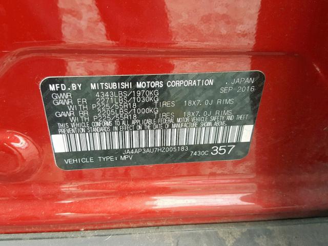 JA4AP3AU7HZ005183 - 2017 MITSUBISHI OUTLANDER RED photo 10