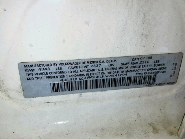 3VWSG81K56M641294 - 2006 VOLKSWAGEN JETTA 2.5 WHITE photo 10