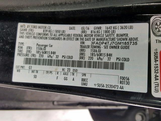 3FADP4TJ7GM185735 - 2016 FORD FIESTA S BLACK photo 10