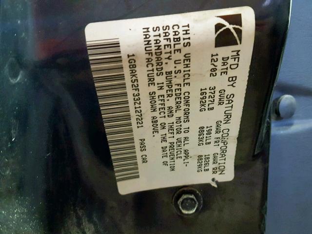 1G8AK52F33Z127221 - 2003 SATURN ION LEVEL SILVER photo 10