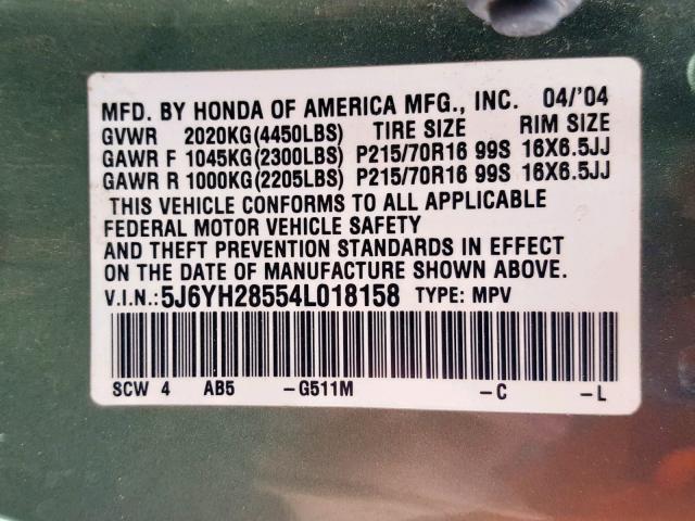 5J6YH28554L018158 - 2004 HONDA ELEMENT EX GREEN photo 10