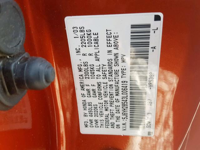 5J6YH28543L006419 - 2003 HONDA ELEMENT EX ORANGE photo 10