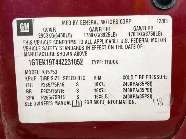 1GTEK19T44Z231052 - 2004 GMC NEW SIERRA MAROON photo 10