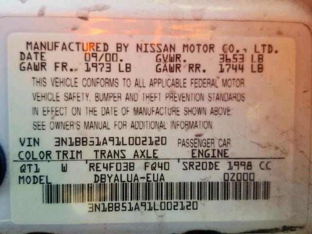 3N1BB51A91L002120 - 2001 NISSAN SENTRA SE WHITE photo 10