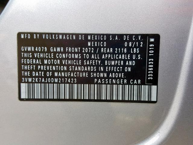 3VW2K7AJ0DM217423 - 2013 VOLKSWAGEN JETTA BASE SILVER photo 10