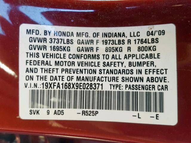 19XFA168X9E028371 - 2009 HONDA CIVIC EX RED photo 10