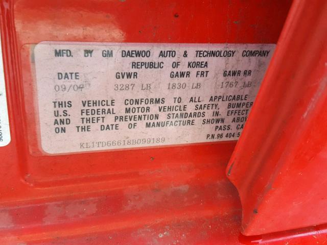 KL1TD66618B099189 - 2008 CHEVROLET AVEO BASE წითელი ფოტო 10