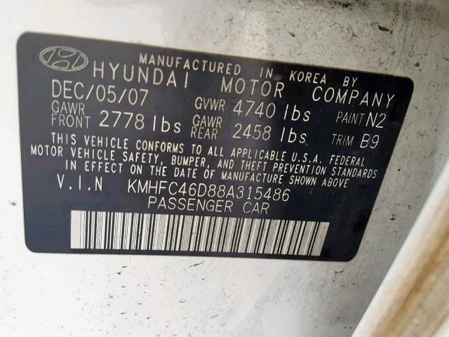 KMHFC46D88A315486 - 2008 HYUNDAI AZERA GLS WHITE photo 10